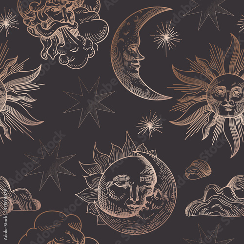 Starry Night Sky Trendy Seamless Pattern, Vintage Celestial Hand drawn Background Template of Galaxy, Space