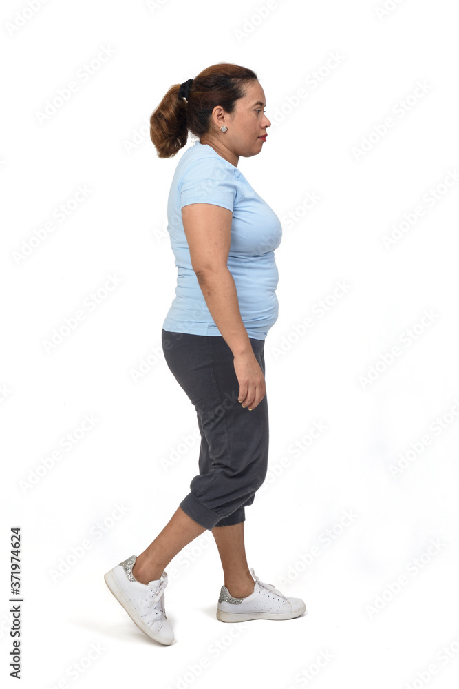 side view of a woman with sportswear walking on white background, side view of a woman with sportswear walking on white background,