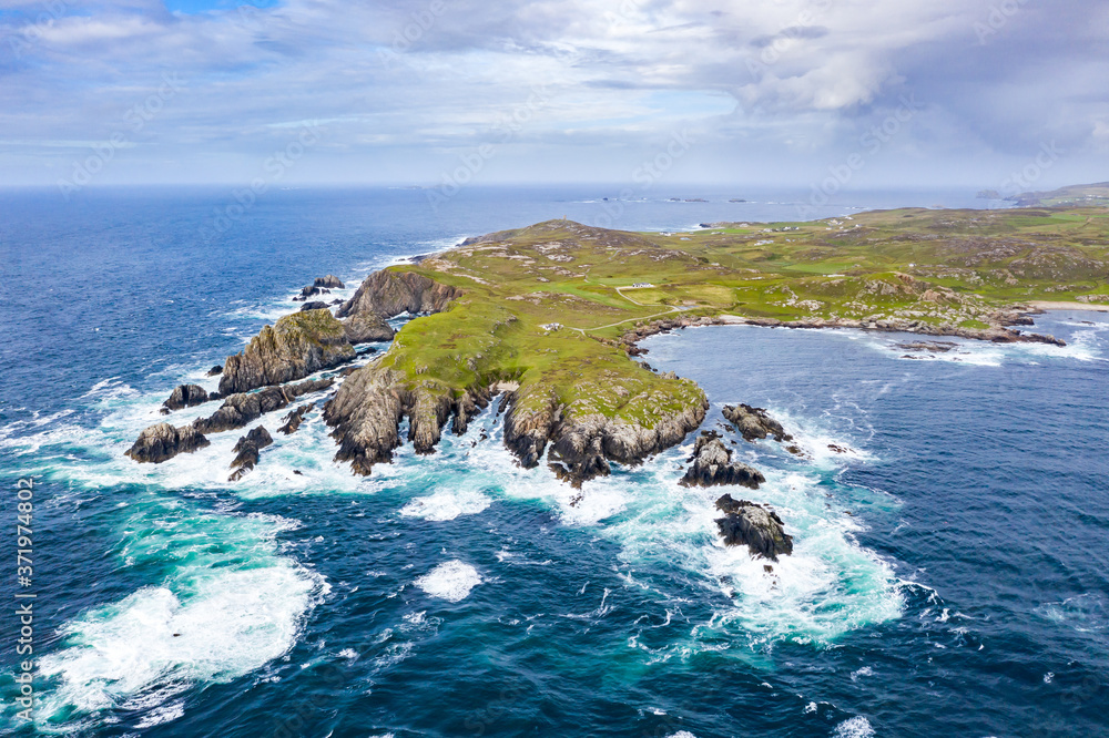Aerial view of the coastline at Malin Head in Ireland