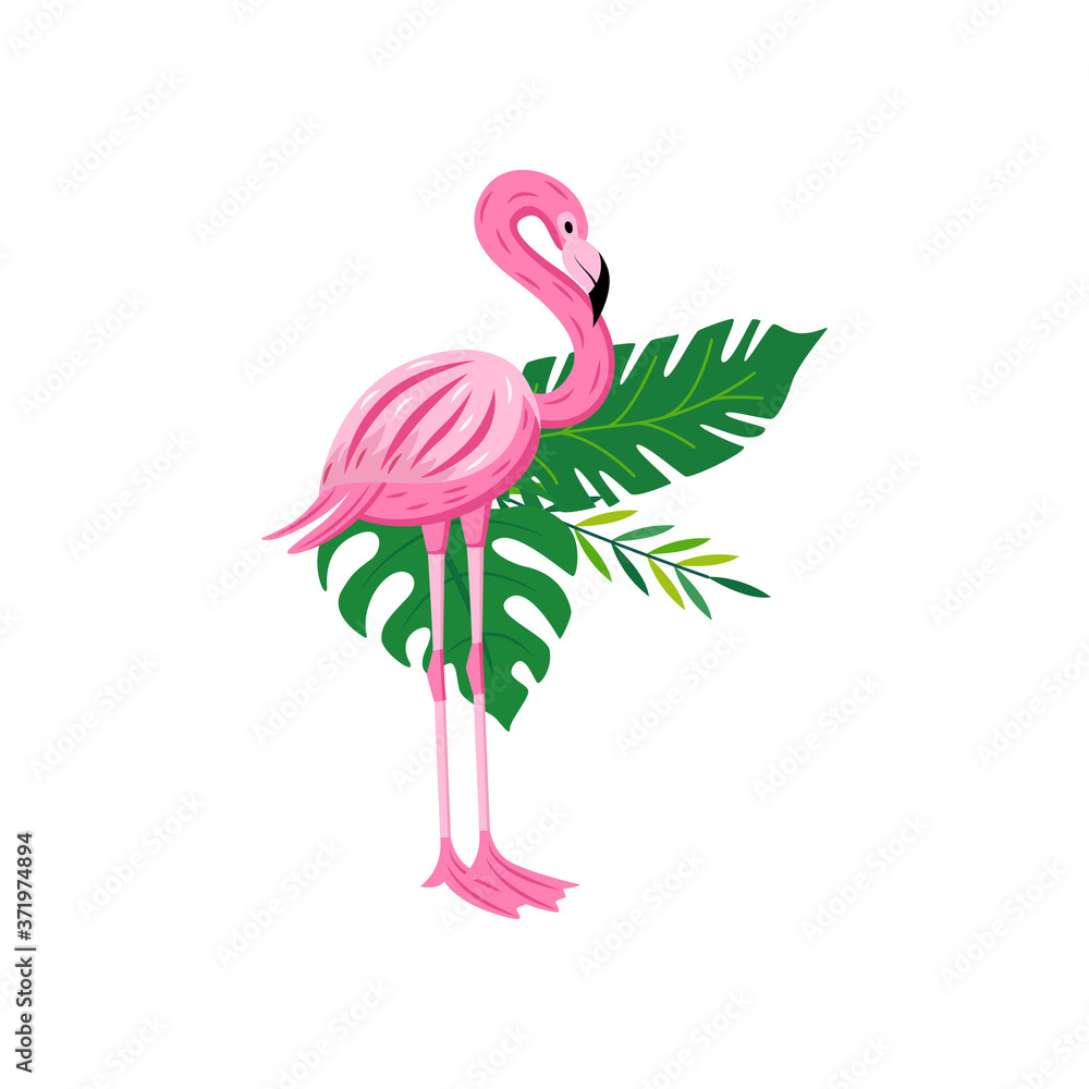 Obraz premium Exotic pink flamingo bird on leaves flat cartoon vector illustration isolated.
