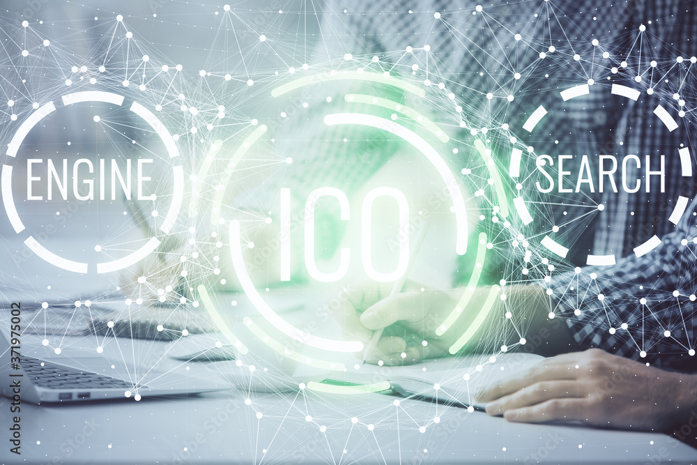 Blockchain theme hologram with man working on computer on background. Concept of crypto chain. Double exposure. Blockchain theme hologram with man working on computer on background. Concept of crypto chain. Double exposure.