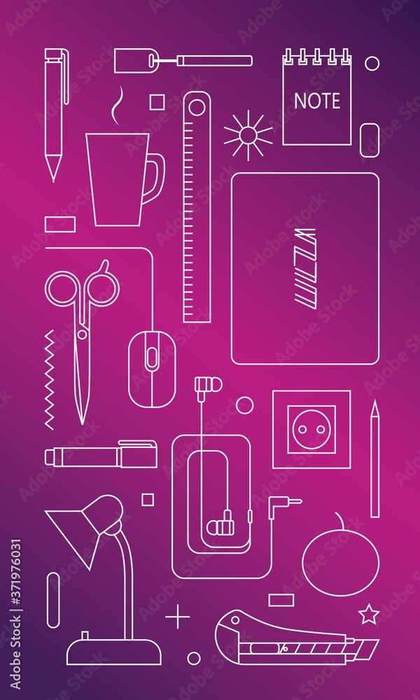 Fototapeta premium Thin line style workplace tools.Vector illustration.