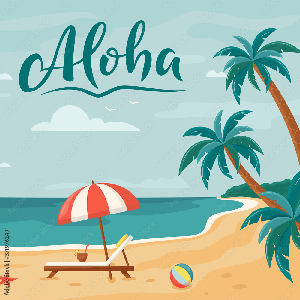 Vector background with palm trees, beach lounger and umbrella. Summer beach. Seaside landscape, tropical beach relax. Aloha. Paradise nature vacation. Seaside landscape, tropical beach relax