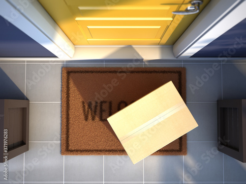 Online purchase delivery service concept. Cardboard parcel box delivered outside the door. Parcel on the door mat near entrance door. 3d rendering