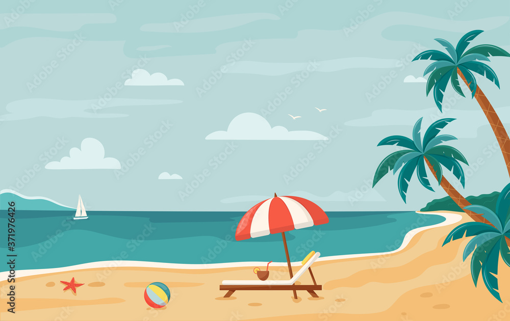 Vector beach background. Tropical seashore with palm trees and yacht. Horizontal background. Summer beach. Beach lounger and umbrella on the sand coast. Seaside landscape, tropical beach relax