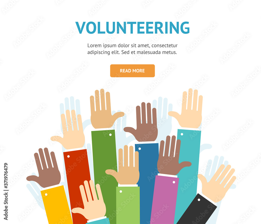 Different Hands Volunteering Concept Banner Flat Design Style. Vector