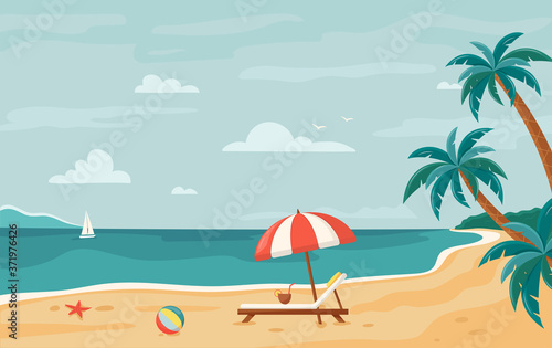 Vector beach background. Tropical seashore with palm trees and yacht. Horizontal background. Summer beach. Beach lounger and umbrella on the sand coast. Seaside landscape  tropical beach relax