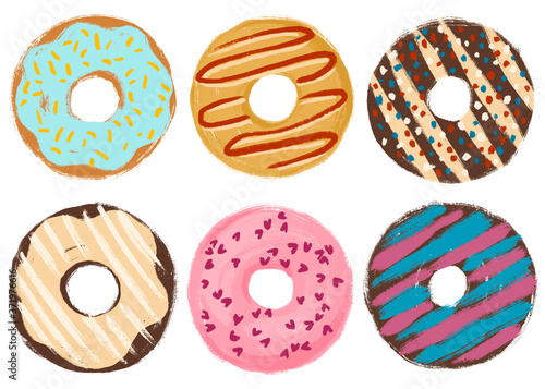 Six donuts with colourful glaze and sprinkles. Clip art set isolated on white