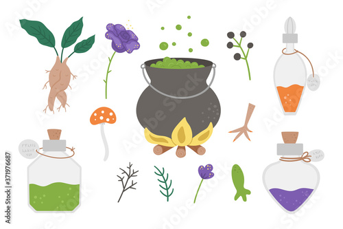 Set of cute vector witchcraft elements. Magic potion making objects. Halloween icons collection. Funny autumn all saints eve illustration with cauldron, herbs, bottles. Samhain party design