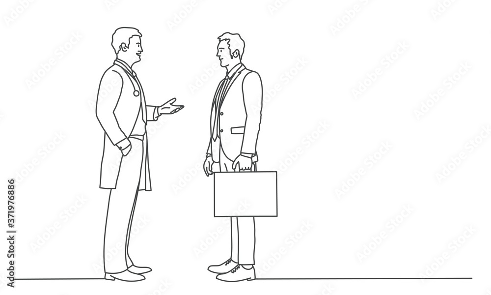 Line drawing vector illustration of doctor and businessman.