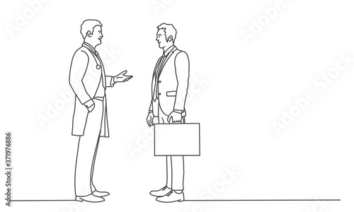 Line drawing vector illustration of doctor and businessman.