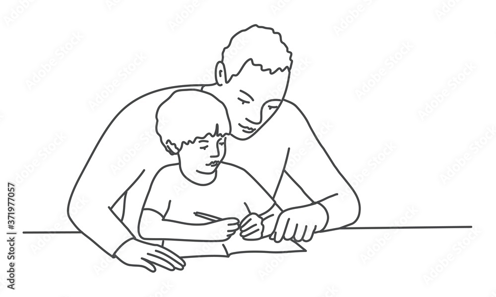 Father and son are busy at the table. Line drawing vector illustration. Father and son are busy at the table. Line drawing vector illustration.