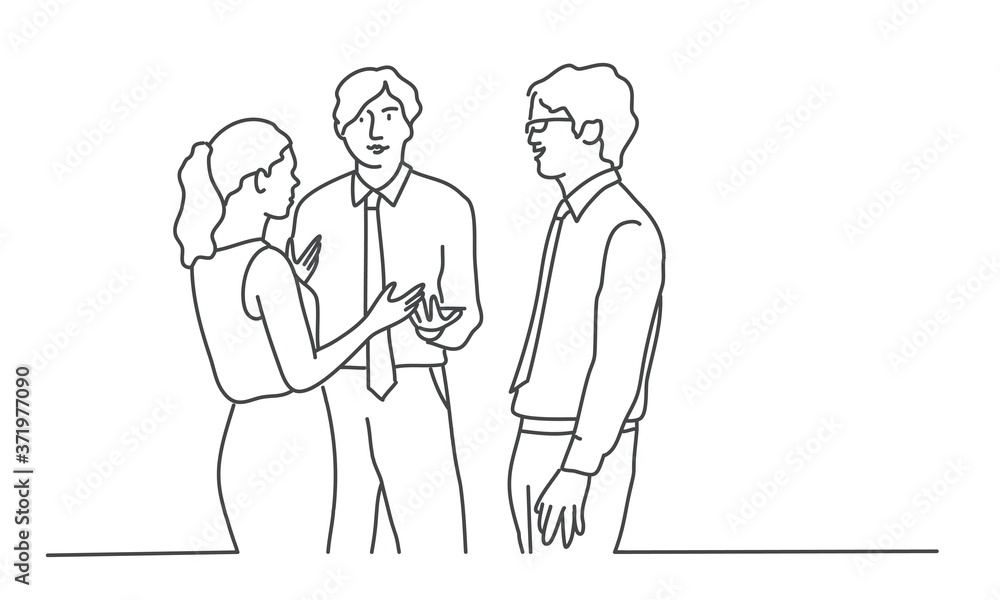 Young people talking to each other. Line drawing vector illustration. Young people talking to each other. Line drawing vector illustration.