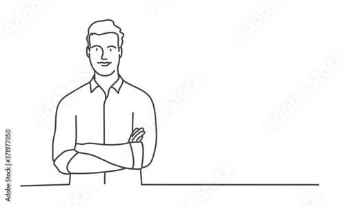 Line drawing vector illustration of young man with crossed arms.