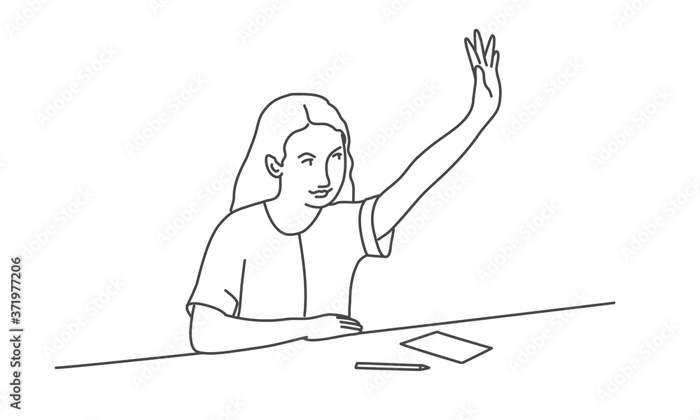 Girl sits at a desk and pulls up her hand. Line drawing vector illustration. Girl sits at a desk and pulls up her hand. Line drawing vector illustration.