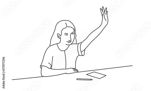 Girl sits at a desk and pulls up her hand. Line drawing vector illustration.