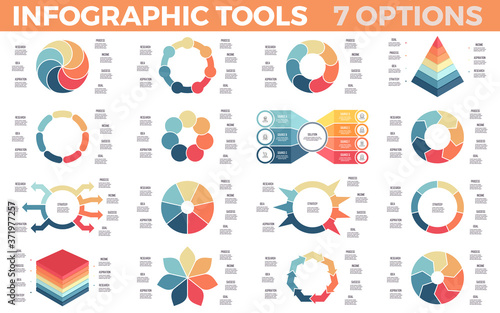 Business infographics. Diagrams, charts with 7 parts, options. Vector templates.