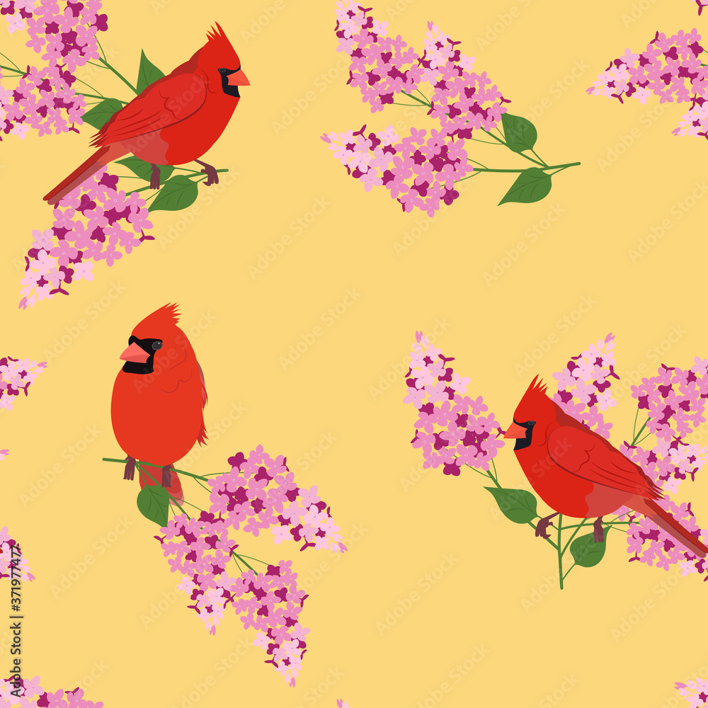 Seamless vector illustration with lilac and bird cardinal
