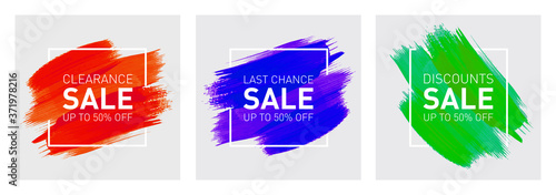 3 sets of Sale Up to 50% off Logo Design Concept, Banner Template, Icon, Poster, Unit, Label, Mnemonic, Greeting Card, Web header with colourful brush strokes and square frame - Vector, illustration