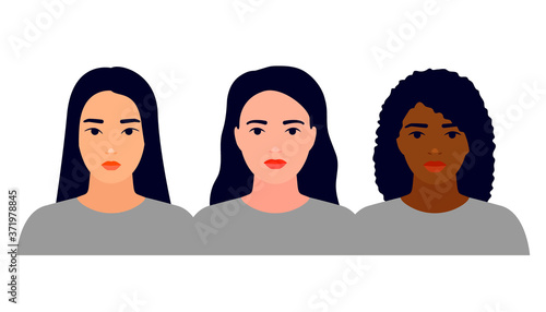 Women different nationalities, asian, white and black skin. Female friendship, union of feminists, sisterhood. Struggle for rights, independence, equality. Concept of female's empowerment. Vector