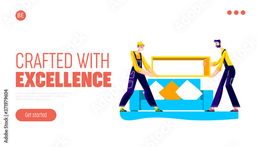 Moving service company landing page design with loaders carry furniture for new apartment