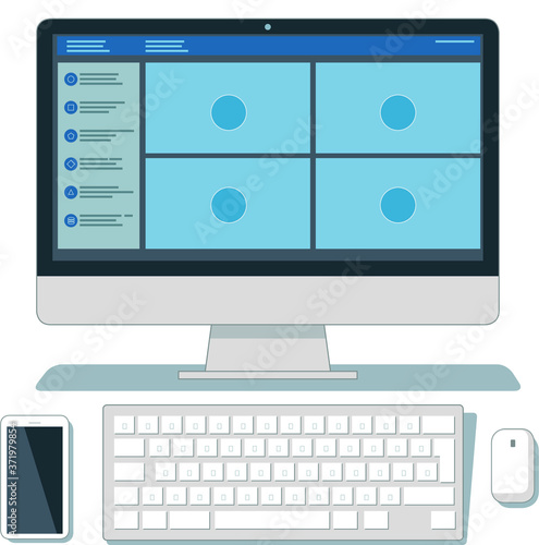 Remote business team members meeting via desktop application vector illustration