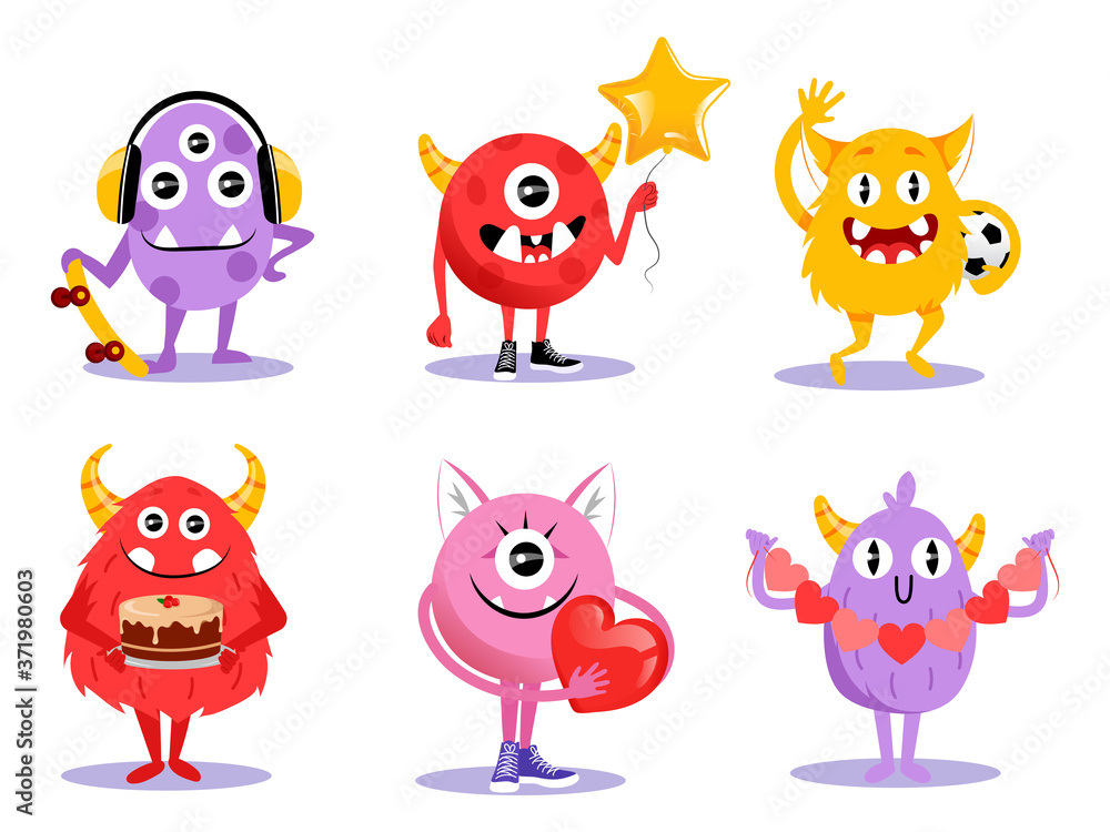 Cute Set Of Different Cartoon Monsters Characters In Flat Style. Vector Illustration With Funny Creatures On White Background. Comic Halloween Monsters With Horns, Big Teeth And Eyes Smiling, Waving Cute Set Of Different Cartoon Monsters Characters In Flat Style. Vector Illustration With Funny Creatures On White Background. Comic Halloween Monsters With Horns, Big Teeth And Eyes Smiling, Waving