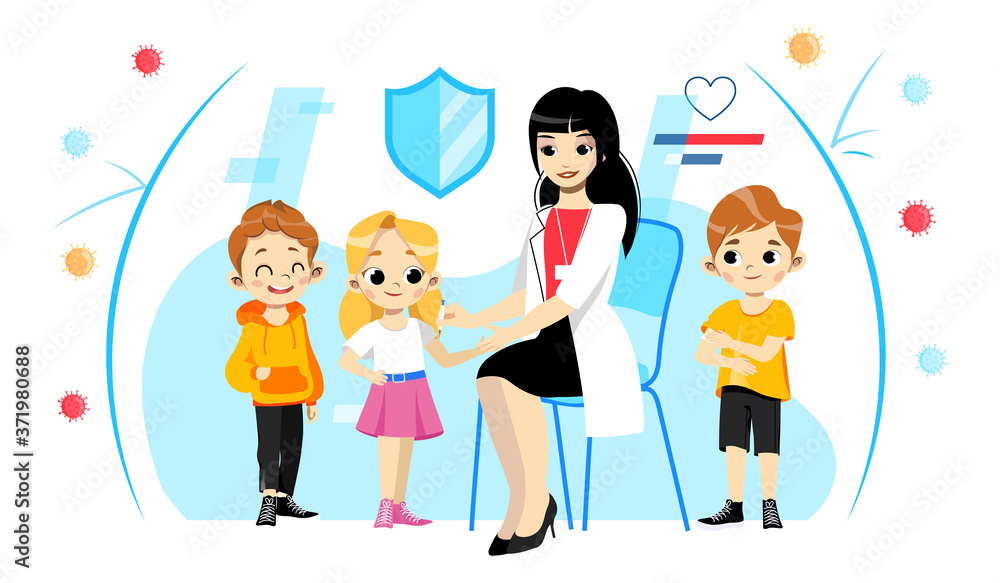 Concept Vector Illustration Of Children Vaccination And Health care. Young Female Nurse In White Coat Making Injection To Smiling Kids. Immune Protection From Different Viruses And Dangerous Diseases