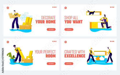Furniture assembly service landing page for new company website with cartoon workers on background