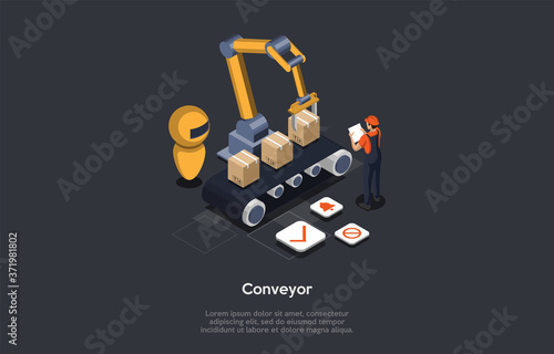 Mechanical Handling Equipment Concept. Male Employee Tests The Conveyor System Lifting Operations. Lifting Device Make It Possible To Reverse And Tilt Handled Items. 3d Isometric Vector Illustration