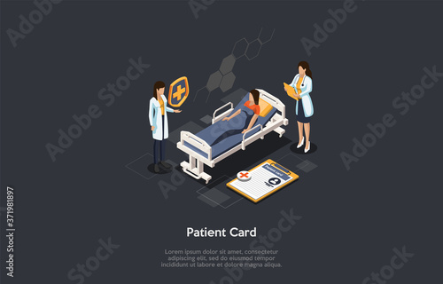 Medicine Centre And Health Identification Patient Card Registation Concept. The Doctor And The Nurse Registrate A Medical Card For A Patient Lying In The Bed. Colorful 3d Isometric Vector Illustration