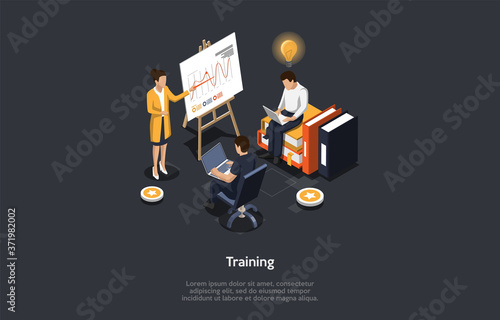 Education Concept. The Female Speaker Shows The Board With Infographics. Male Characters Using Laptops On The Training. One Of Them Has An Idea Shaped As Lightbulb. 3d Isometric Vector Illustration
