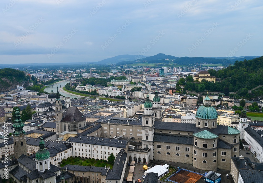 View of the city of Salzburg form the fortress Hohensalzburg in Austria.