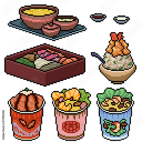 pixel art set isolated asian fast food