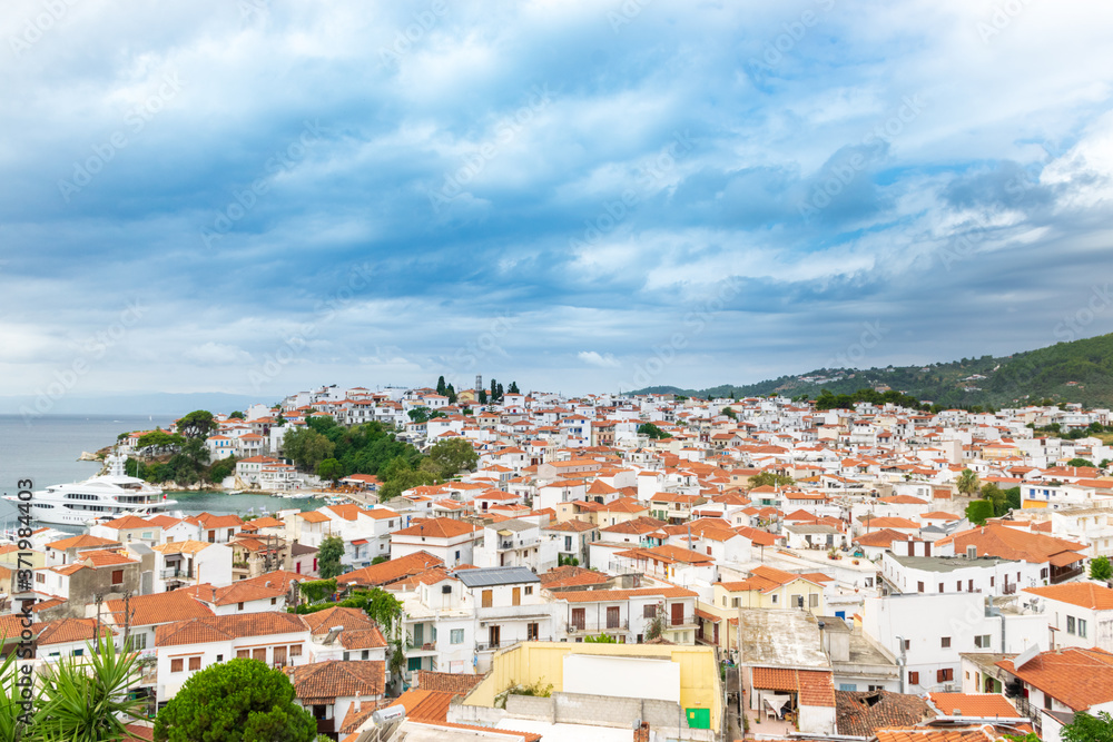 Skiathos island, Greece, panoramic view of the town, on a cloudy summer day
