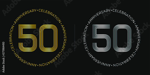 50th birthday. Fifty years anniversary celebration banner in golden and silver colors. Circular logo with original numbers design in elegant lines.