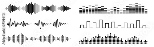 Set of black sound waves and audio scales. Abstract music wave, radio signal frequency and digital voice visualisation. Tune equalizer vector set. Monochrome volume audio lines