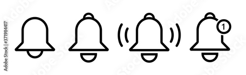 Notification bell icons in line style, vector ringing bell and notification number sign for alarm clock and smartphone application alert