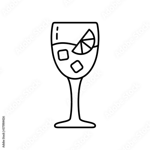 Aperol Spritz. Linear icon of glass with alcoholic cocktail. Black simple illustration of drink with orange slice and ice cubes. Contour isolated vector pictogram, white background
