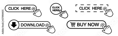 Set of click here web button in line style, isolated website buy or download bar icon with hand finger clicking cursor for buy or register design