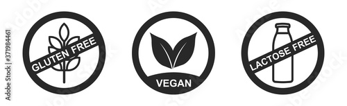 Photo Vegan food labels, fresh eco vegetarian products, vegan label and healthy foods