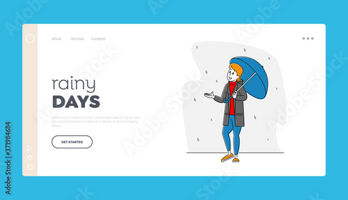 Meteorology Storm Forecast Landing Page Template. Woman Character Holding Umbrella Catching Rain Drops Falling from Sky