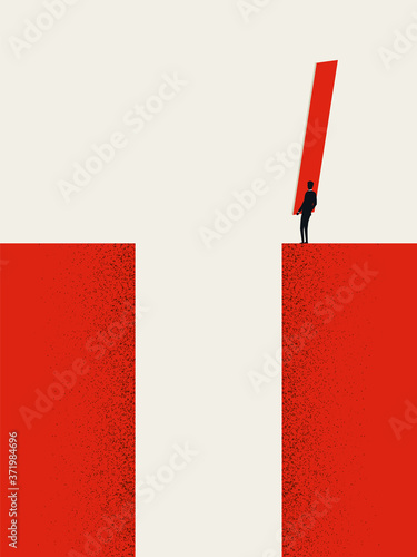 Business solution vector concept with businessman building bridge over hole. Symbol of creative thinking, success.
