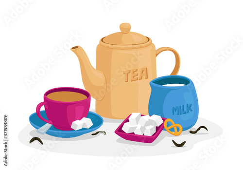 Tea Drinking Concept with Cup of Tea, Sugar Cubes and Spoon on Saucer, Jug with Milk, Sweet Bakery and Teapot Isolated