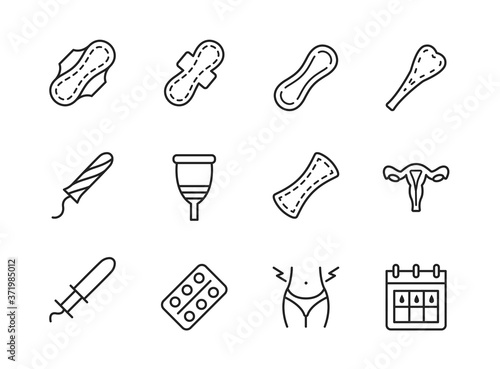 Sanitary pad and periods line flat icons set. Menstruation symbols