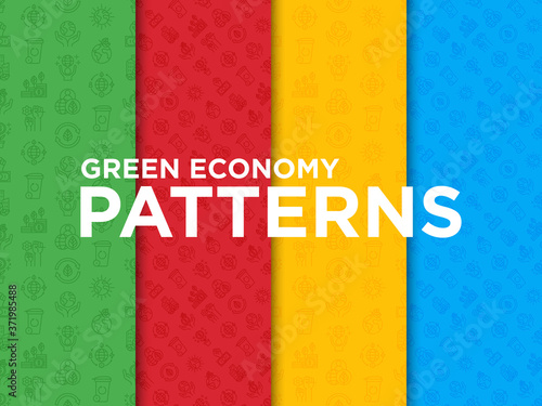 Green economy seamless pattern with thin line icons: financial growth, green city, zero waste, circular economy, anti-globalism, global consumption. Vector illustration for environmental issues.