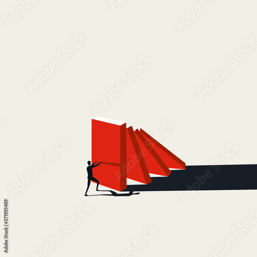 Business risk management vector concept with businessman stopping falling domino. Problem solution.