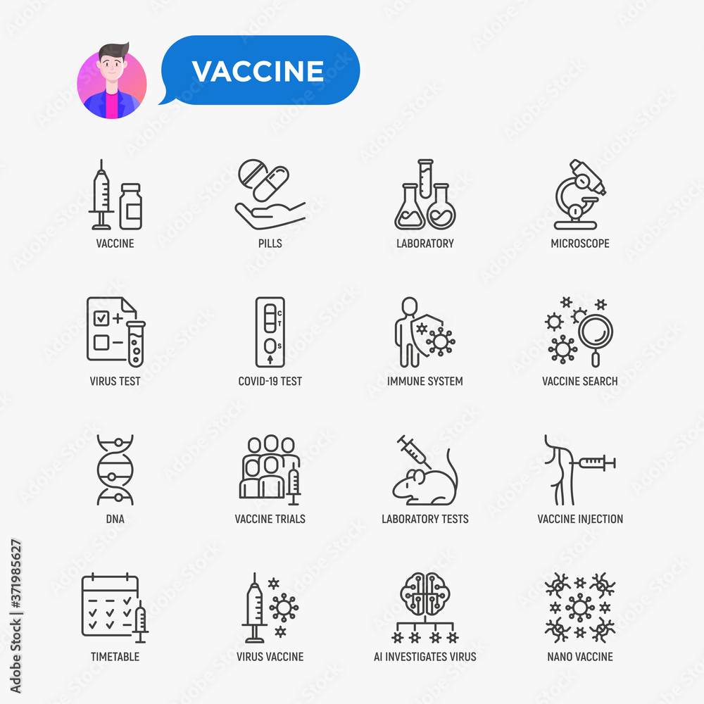 Vaccine thin line icons set: syringe and ampoule, laboratory test, immune system, injection in forearm, covid-19 test, vaccine trials, timetable, ai investigates virus. Vector illustration.