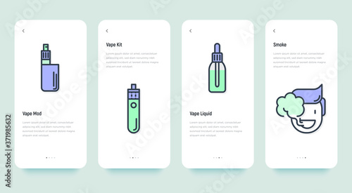 Mobile user interface for smoking production shop. Thin line icons: man is smoking, vape mod, kit, liquid. Vector illustration.