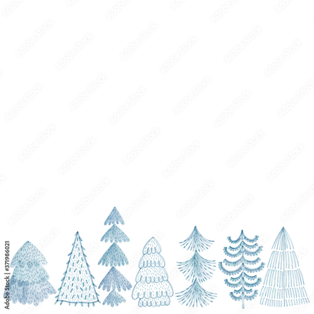 Christmas trees on white. Christmas or New Year background with copy space for text. Watercolor illustration.
